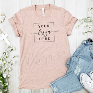 Christian Religious tshirt MOCKUP - Prism Peach Bella Canvas 3001 Shirt Flat lay | Cross | Christ | Church | Rustic Farmhouse Easter Spring