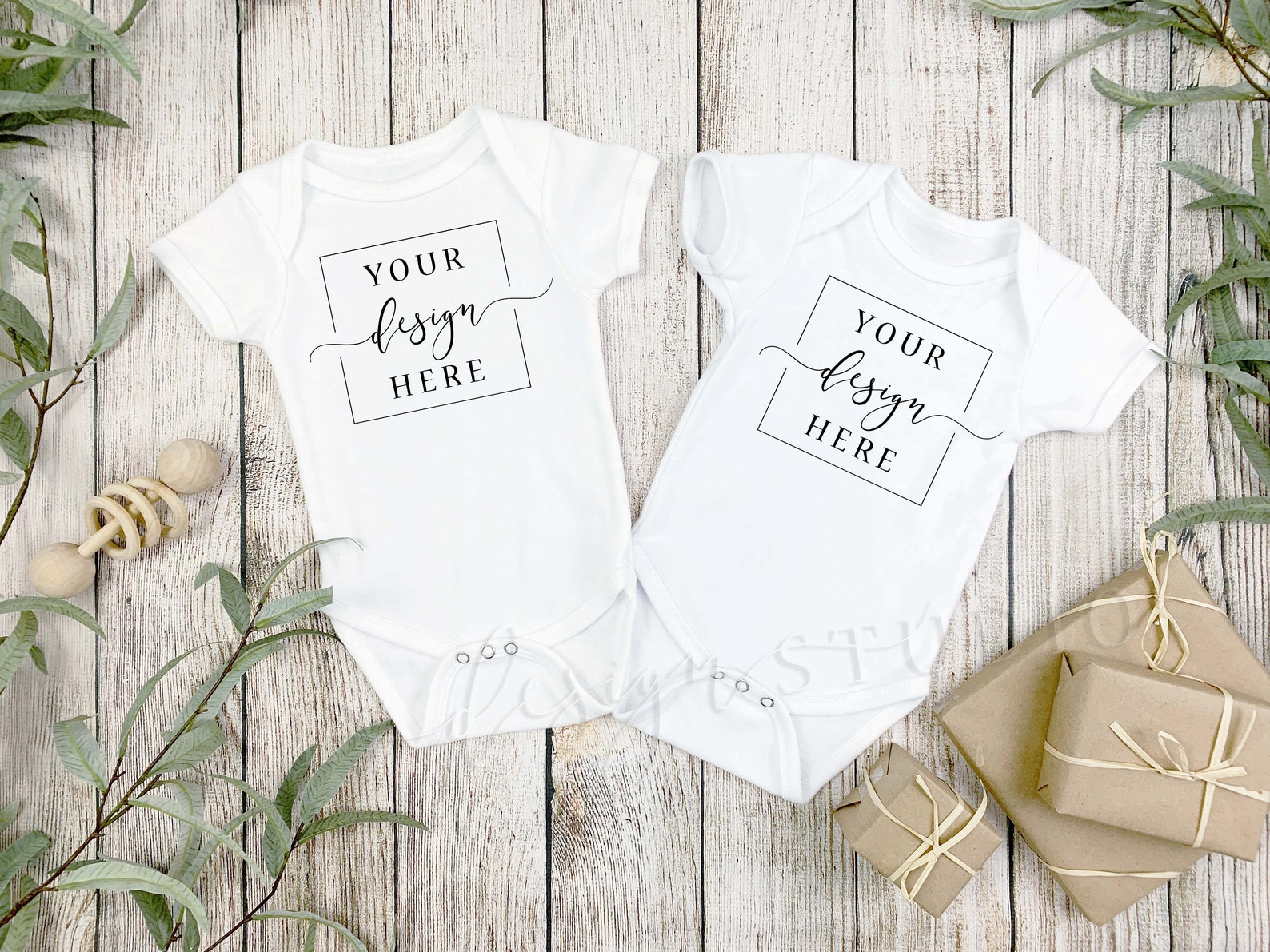 Twins Baby Onesie Mockup Flat Lay White Short Sleeve Two Etsy