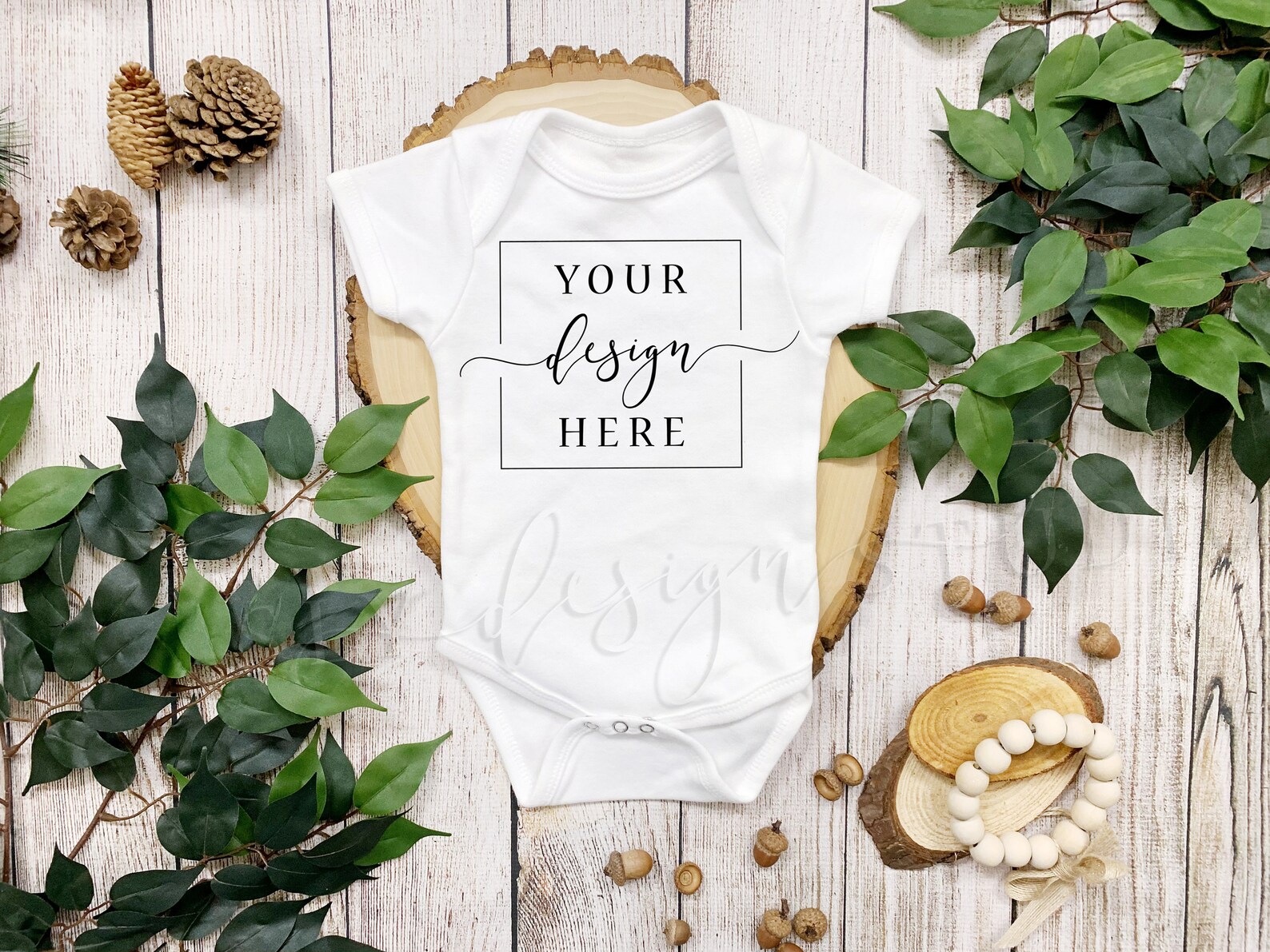 White Onesie Mockup Flat Lay Infant Woodland Plants Rustic Etsy
