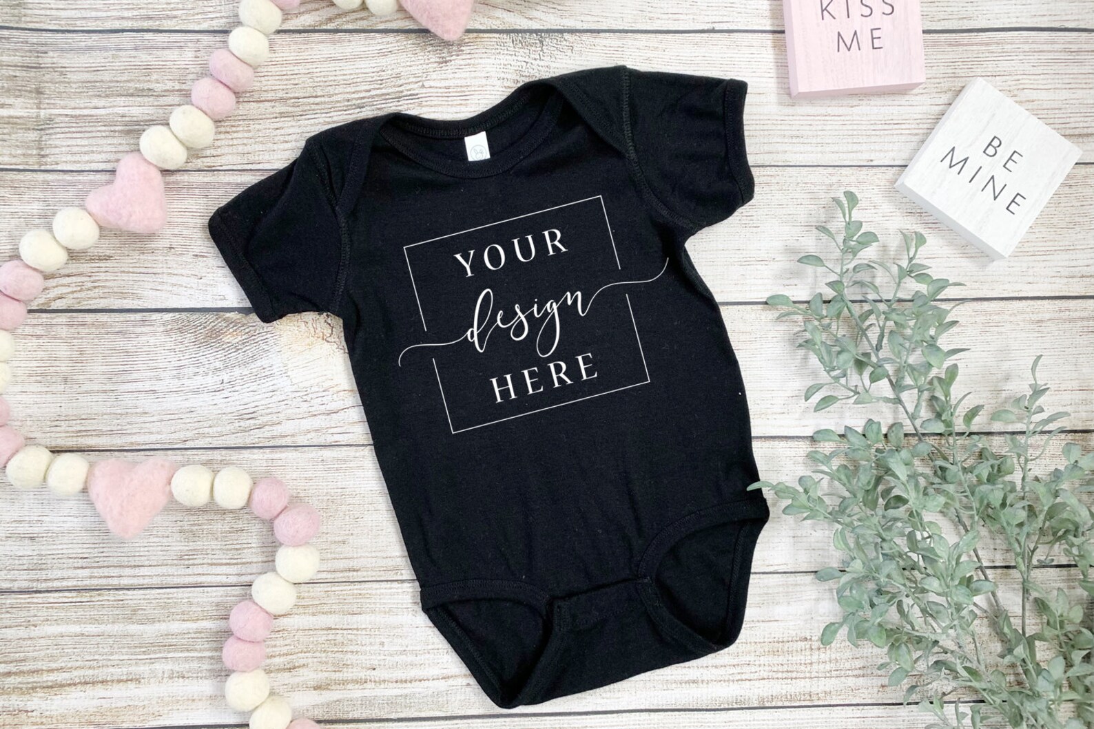 MOCKUP Black Onesie Valentine Mockup Rabbit Skin Flat lay