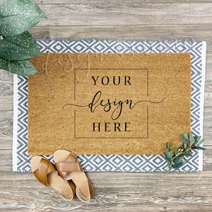Rustic background Coir Doormat MOCKUP Blank background plants - Flat lay - Sublimation Doormat mockup with greenery and shoes - blank