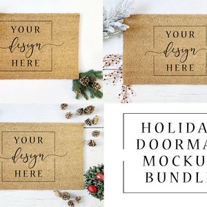5 Image Christmas Coir Doormat MOCKUP Bundle Blank - Flat lay - Rustic Farmhouse Sublimation Doormat.  Blank doormat photo, blank doormat