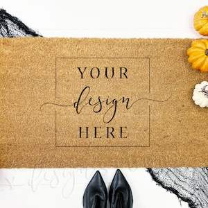 2 Image Halloween Themed Coir Doormat MOCKUP Bundle Blank With or Without Shoes - Flat lay - Witch - Pumpkin - Farmhouse Sublimation Autumn