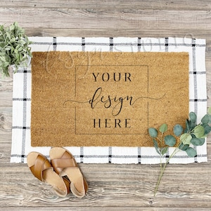 2 Image white background Coir Doormat MOCKUP Bundle Blank background plants - Flat lay - Sublimation Doormat mockup with shoes - blank