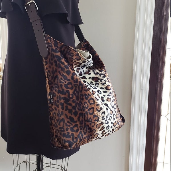 X-body tote bag Leopard animal print MEDIUM SIZE Hobo tote bag bucket tote, animal print, slouchy handbag, fake fur