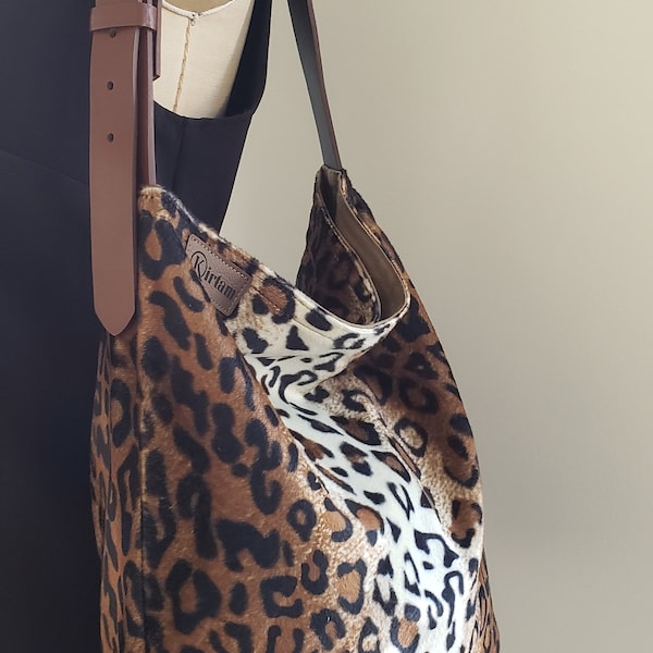 Small size shoulder bag Brown Leopard animal print Hobo tote bag bucket tote, animal print, slouchy handbag, fake fur