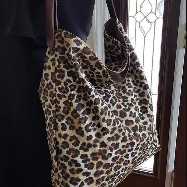 Brown and beige Animal leopard print hobo shoulder bag slouchy handbag,