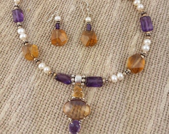Vintage Citrine Amethyst Pearl Sterling Silver Necklace Earring Set