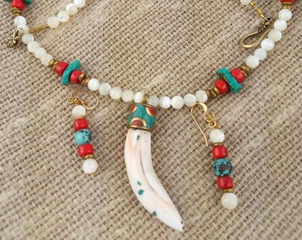 Tibetan Mother of Pearl Shell Turquoise Coral Brass Talisman Necklace Earring Set