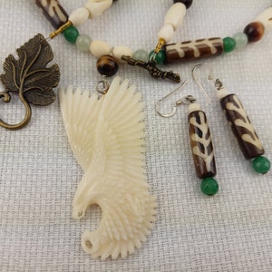 Eagle Carved Bone Power Totem Aventurine Tiger Eye Necklace Earring Set