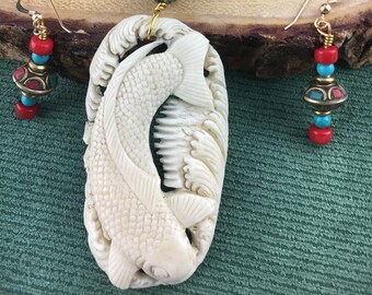 Carved Bone Koi Goldfish Good Luck Symbol Tibetan Bead Coral Turquoise Necklace Earring Set