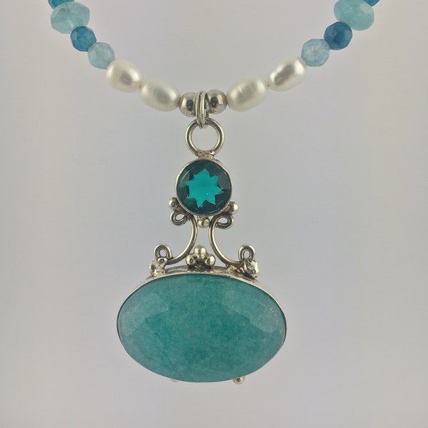 Faceted Amazonite Pearl Sterling Silver Necklace Earring Set