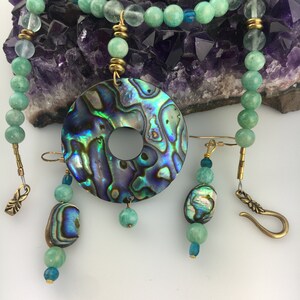 May include: A necklace and earrings set featuring a large iridescent abalone shell pendant with a hole in the center, surrounded by green jade beads. The necklace and earrings are strung with gold-toned metal.