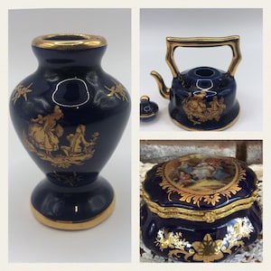 Vintage Limoges France Porcelaine Miniature Cobalt Blue Tea with Lid