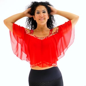 Camicetta rossa con volant, top corto, top corto con volant da donna, top rosso con maniche in tulle