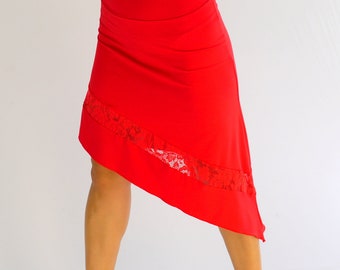 Asymmetrical skirt in red with lace / Handmade skirt