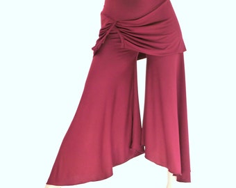 Handmade trousers with skirt made of viscose jersey in the color wine red