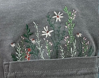 Embroidered crewneck Comfort Colors Floral Wildflower Pocket T-shirt Flower shirt