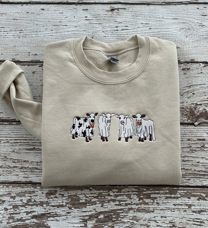Halloween Sweatshirt Ghost Cows Sweatshirt Halloween Crewneck Ghost Shirt Cow Lovers Funny Fall Sweatshirt Farm LIfe image 1