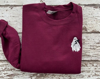 Embroidered Ghost Sweatshirt Halloween Sweatshirt Black Cat Fall Sweatshirt for Women Halloween Crewneck Ghost Shirt Spooky Season