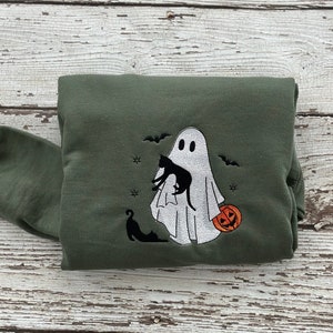 Halloween Embroidered Sweatshirt Halloween Sweatshirt Ghost with cats bats and pumpkin