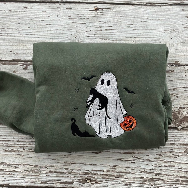 Sudadera bordada de Halloween Sudadera de Halloween Fantasma con gatos murciélagos y calabaza