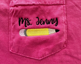 Personalized Teacher Pocket T-shirt Personalized Teacher Gift Comfort Colors Teacher Pencil