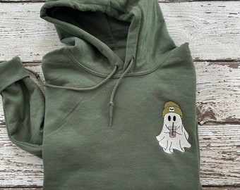 Sudadera bordada de Halloween Sudadera de Halloween Fantasma con tobogán y bebida Fantasma con café y sombrero