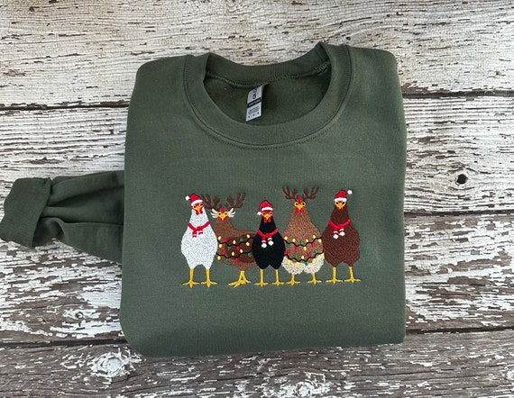 Embroidered Christmas Chickens Sweatshirt - Funny Christmas Chickens Embroidered Unisex Sweatshirt Christmas Crewneck Farm Sweatshirt Hoodie