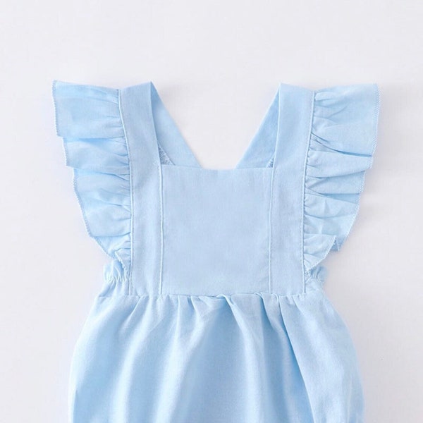 Baby Girls Blue Ruffle Romper With Flutter Sleeves, Can Be Monogrammed, Great Gift