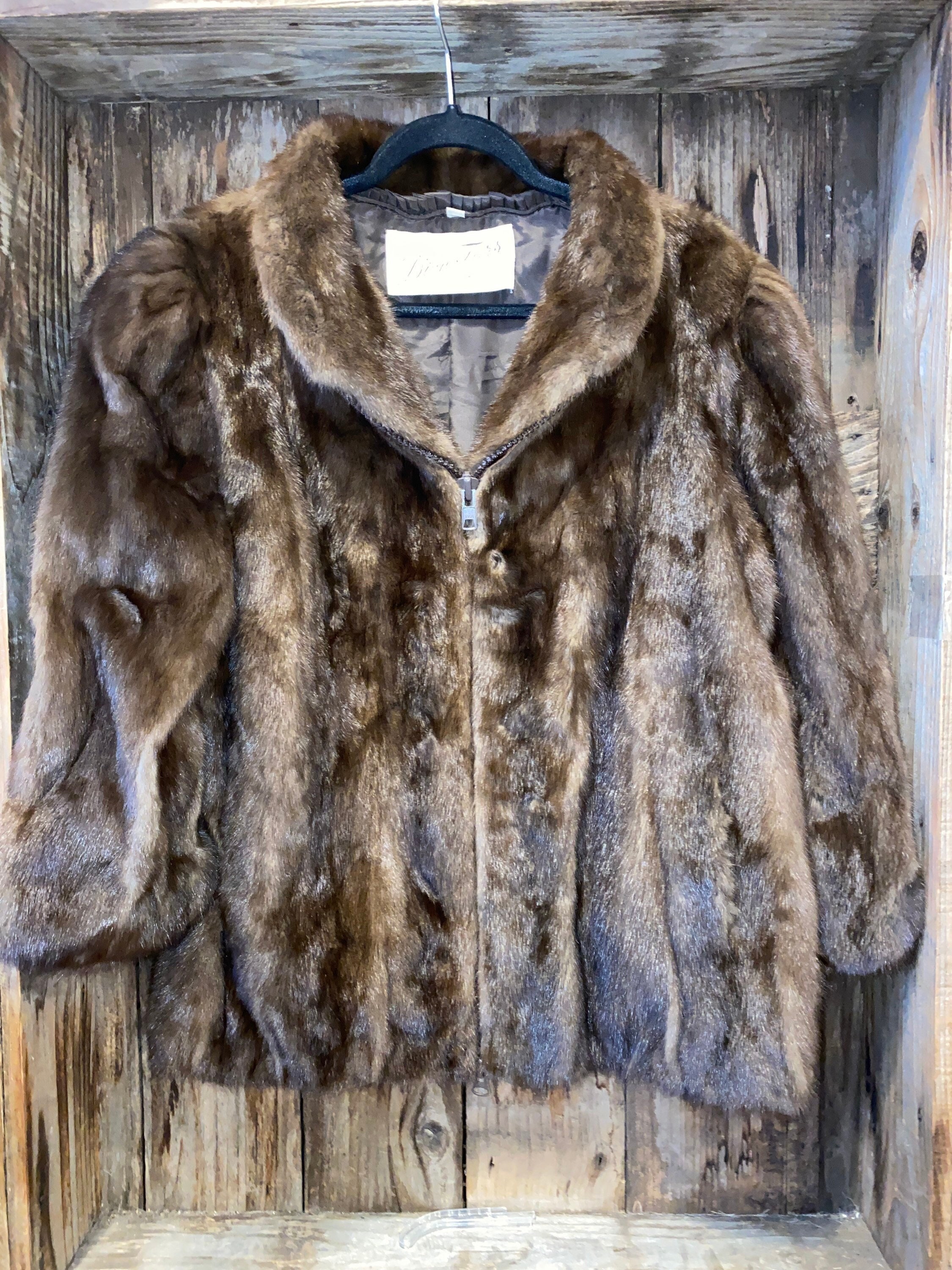 Brown Cross Mink Fur 3/4 Coat w/ Fox Trim