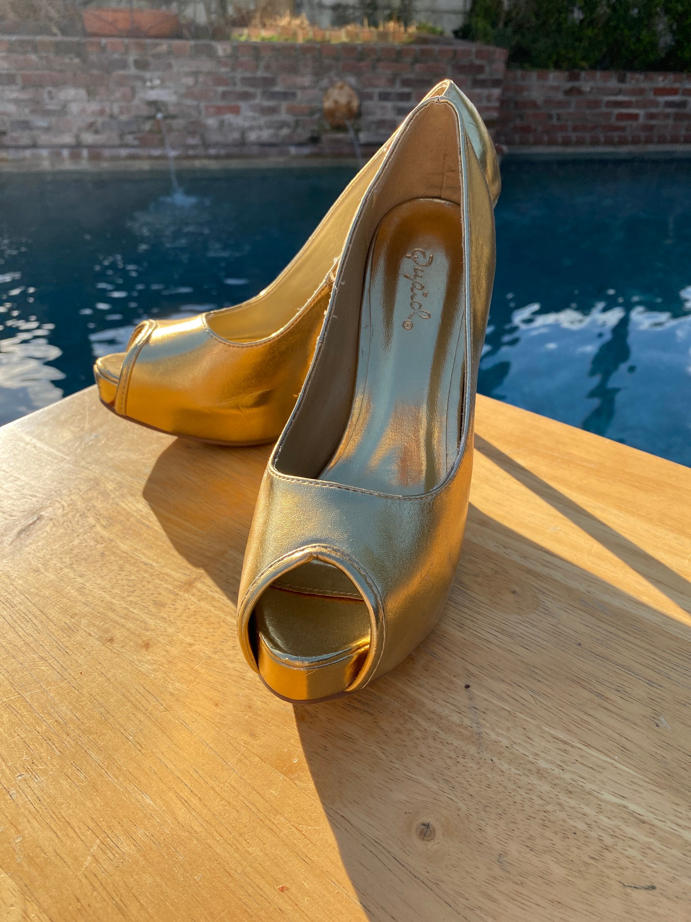 Caroline Square Peep Toe Stiletto Heel Mule In Gold Patent | EGO