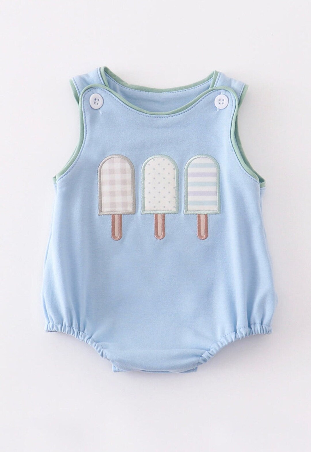 Baby Summer Ice Cream Bubble Romper, Baby Blue Romper With Embroidered