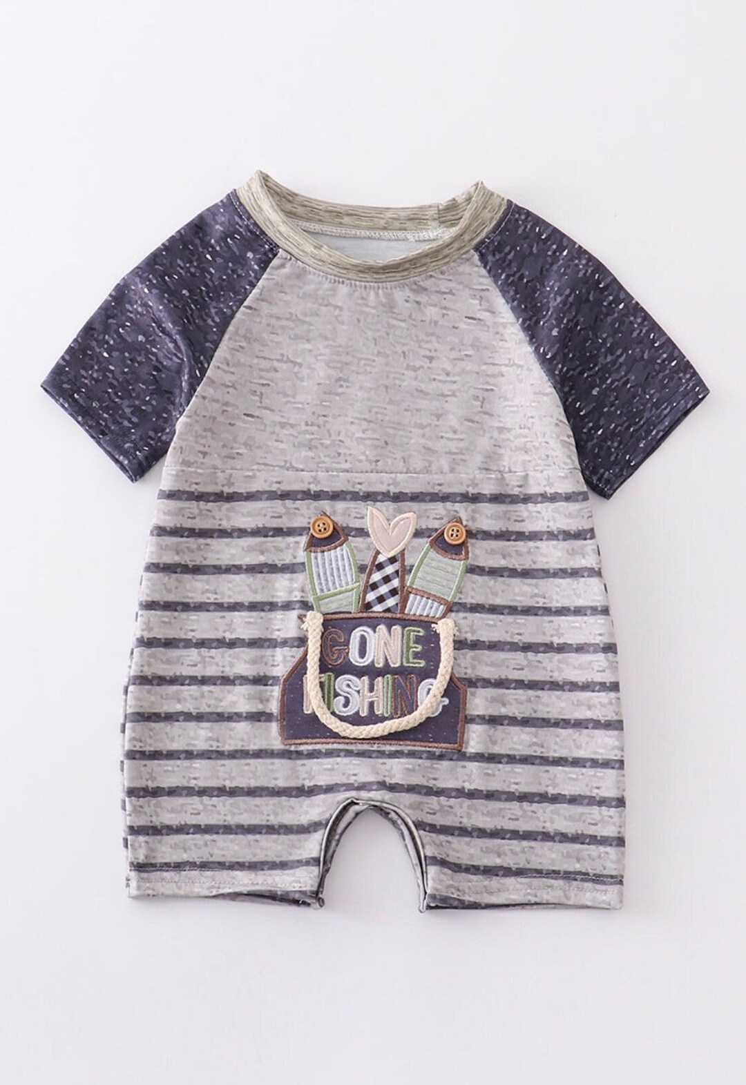 Baby Boy's Gone Fishing Romper, Embroidered Fish Applique Romper, Blue Summer Romper, Pickles
