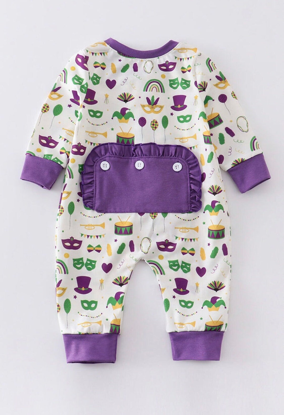 Baby Girl Mardi Gras Romper With Faux Trap Door, Mardi Gras Beads