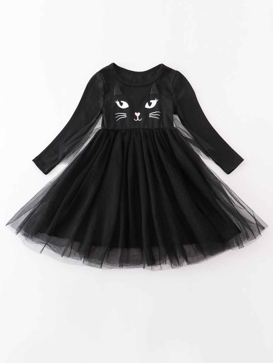 Girls Halloween Black Cat Dress With Tulle Skirt Cat Ears Etsy