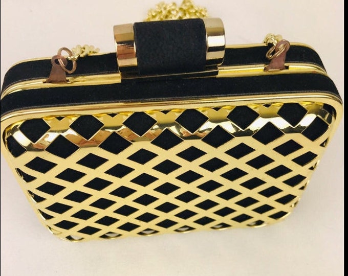 H&M Cross Body Bag, NEW Black and Gold Metal Box Shoulder, Clutch or