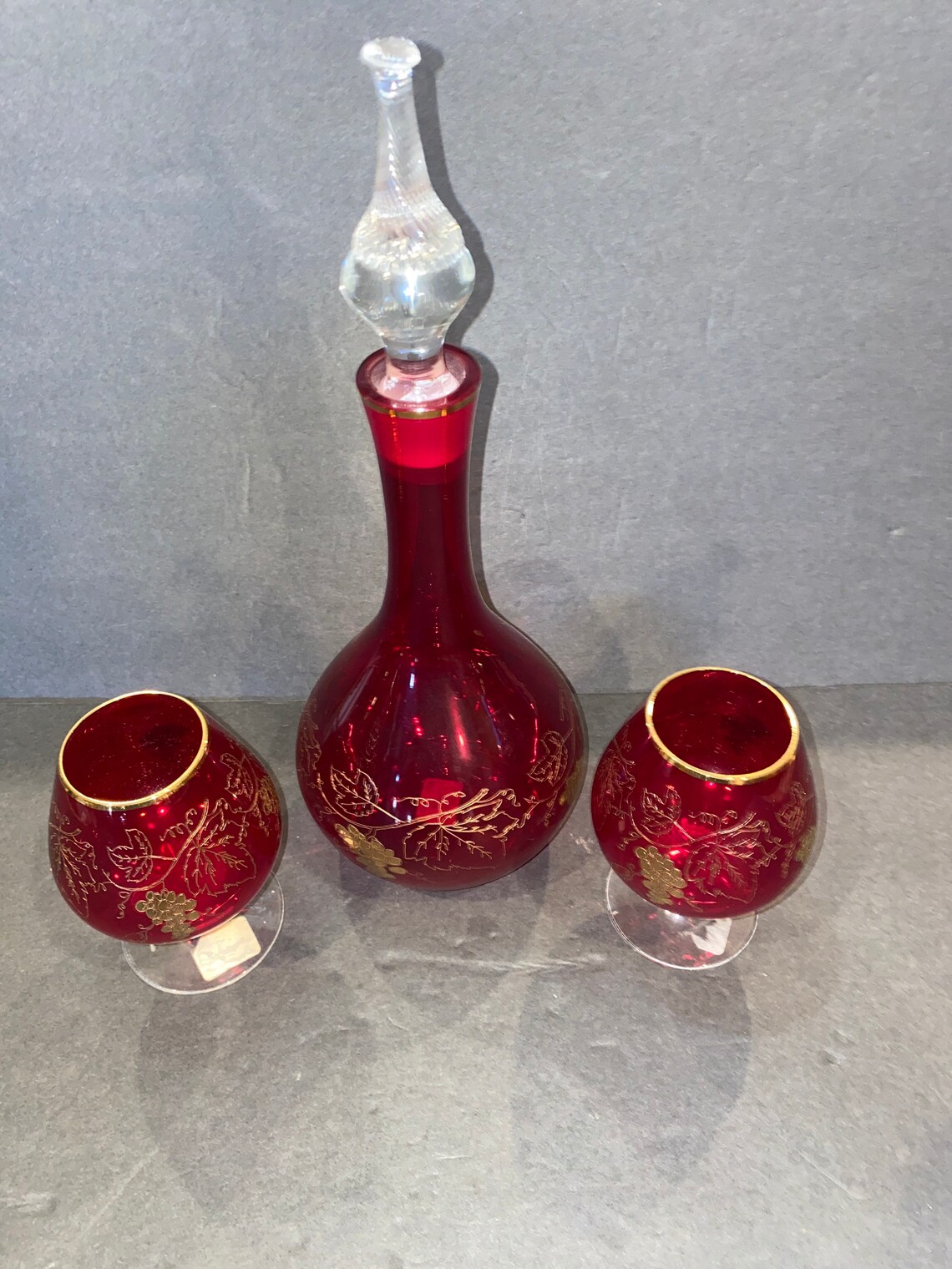 Vintage Bohemian Red Crystal Decanter & Sniffers 24KT Gold Etsy