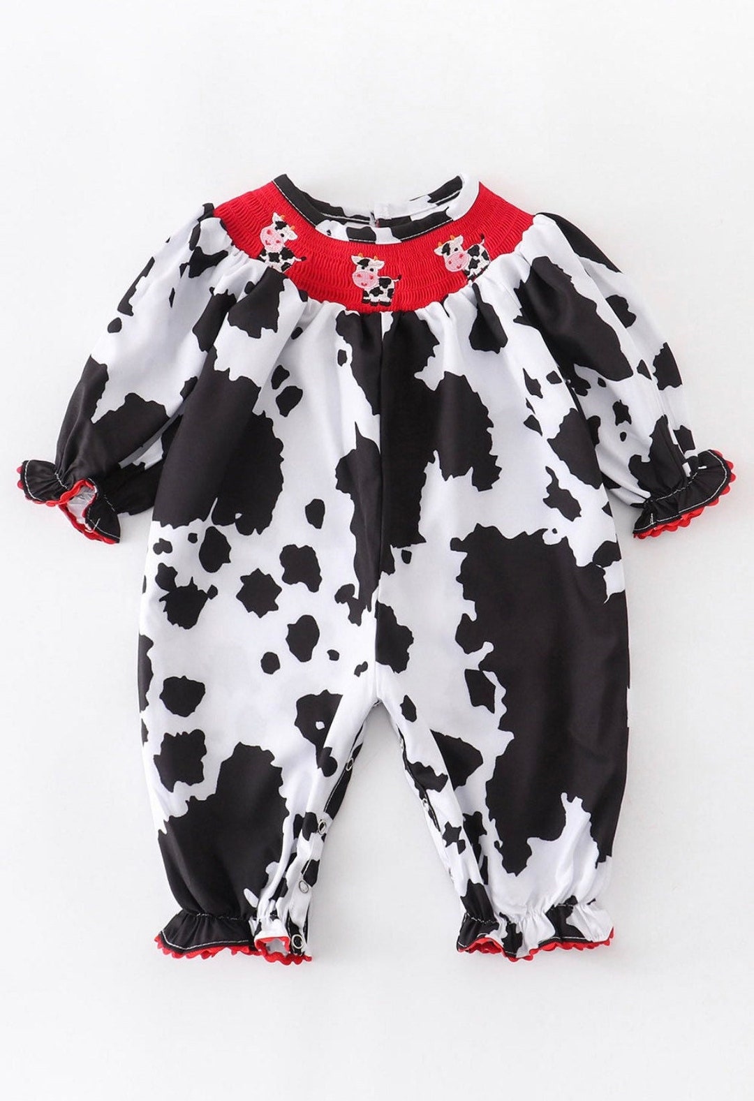 Baby Girl Smocked Cow Bubble Romper Embroidered Cow Black Etsy