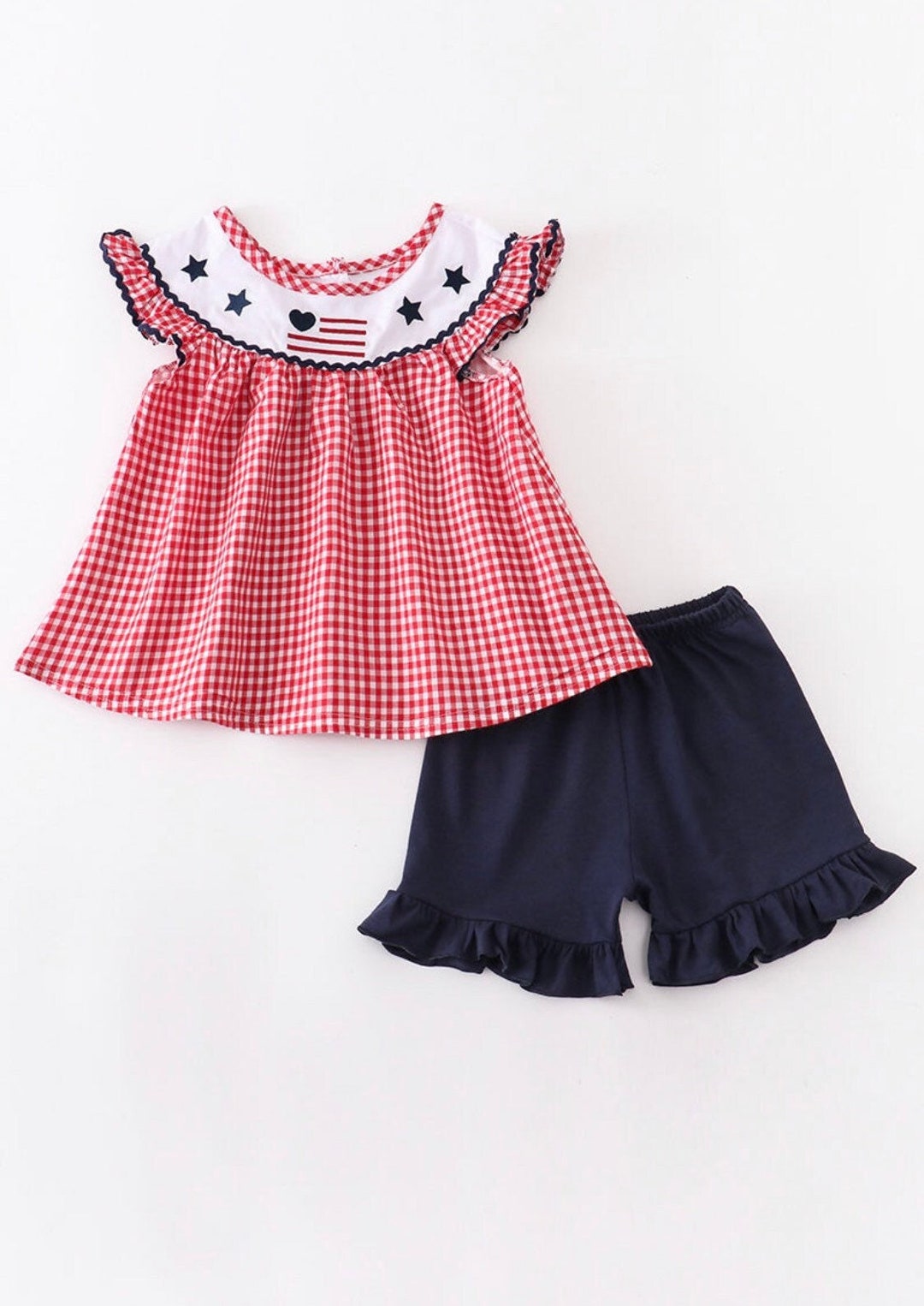 Girl's Patriotic Ruffle Short Set, Embroidered Red, White & Blue ...