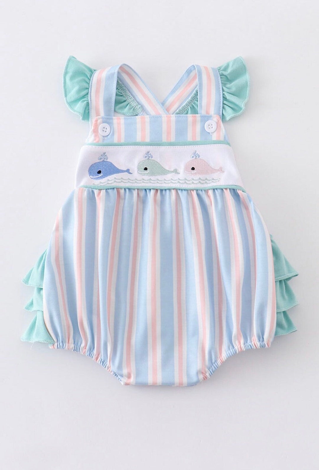 Baby Girl's Whale Bubble Romper With Ruffle Butt & Sleeves, Pastel ...