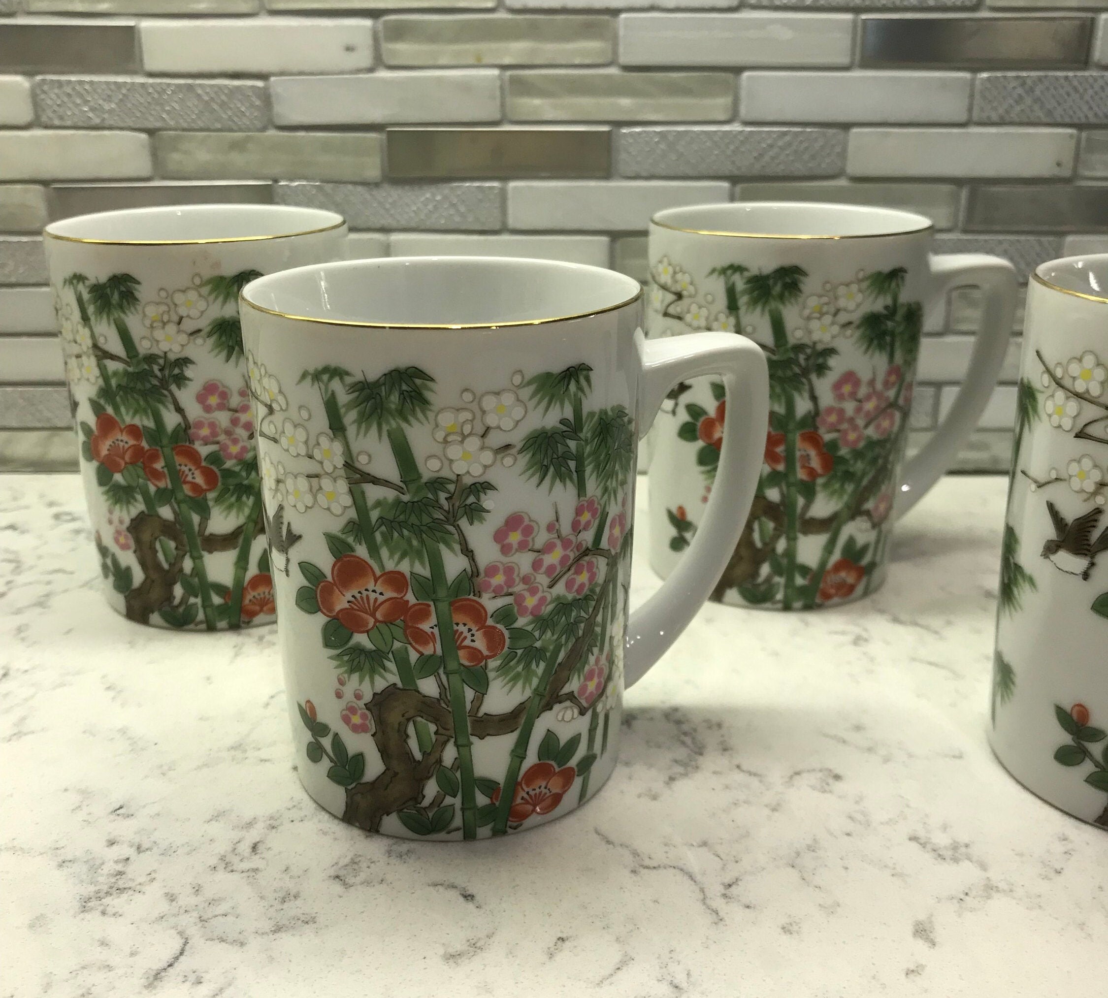 NEW Coffee Cups Chinese Mugs 4 Hand Painted with Gold Trim Etsy