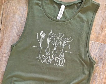 Grow Food Screen Printed Muscle Tank Top: Army Green Cotton