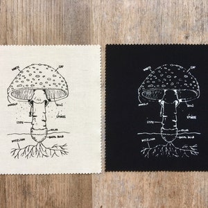 May include: Two square fabric patches with a detailed illustration of a mushroom, labeled with anatomical terms. One patch is off-white with black ink, the other is black with white ink. The mushroom has a dotted cap.