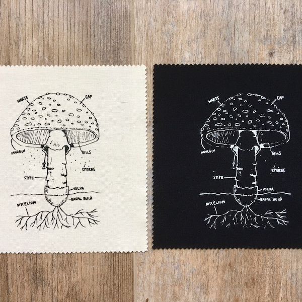 Small 5x5" Mushroom Patches - blanc sur noir, anatomie d’un patch de champignon, patch de croissance des champignons, Nature Patch, Fabric Patch