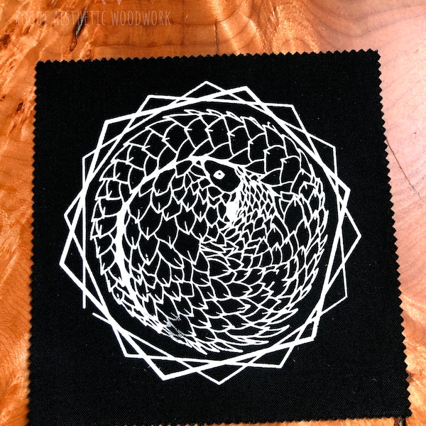 Small 5x5" Geometric Pangolin Screen Printed Patch - white or gold on black, Nature Patch, Fabric Patch