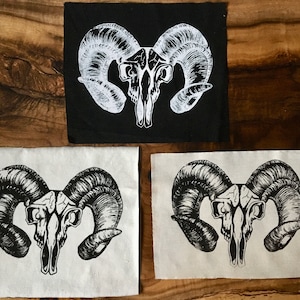 Ram Skull Screen Printed Patch, Nature Cotton Patch, Fabric Patch, Aries