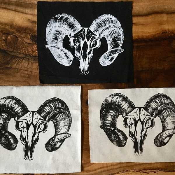 Ram Skull Screen Printed Patch, Nature Cotton Patch, Fabric Patch