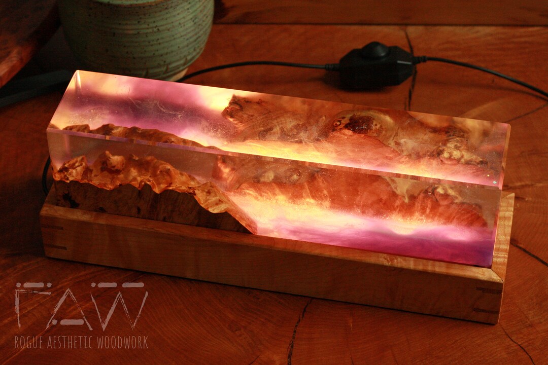 Resin Maple Burl Lamp Purple Resin/wood Night Light Sparkle Epoxy Lamp ...