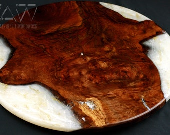 20" Walnut and Swirling White Resin Lazy Susan, Hardwood and Resin Lazy Susan